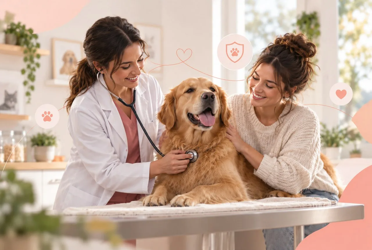 Veterinarian talking with an owner beside a dog in an examination room